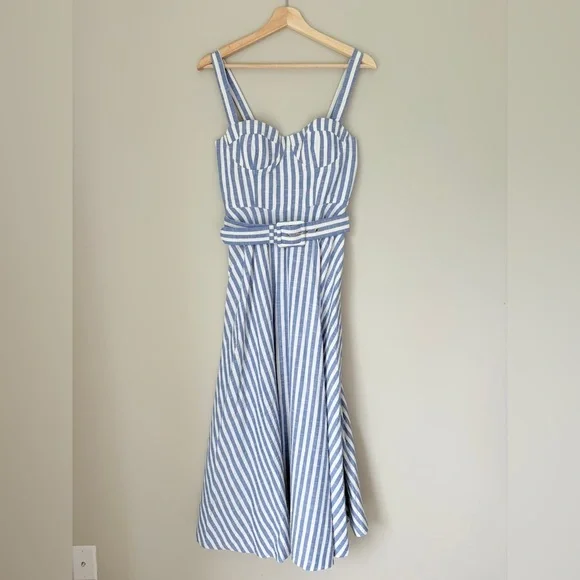 NEW Cara Cara Calypso Midi Dress Ivory Blue Striped Seersucker | US 6 UK 10 - Picture 7 of 14